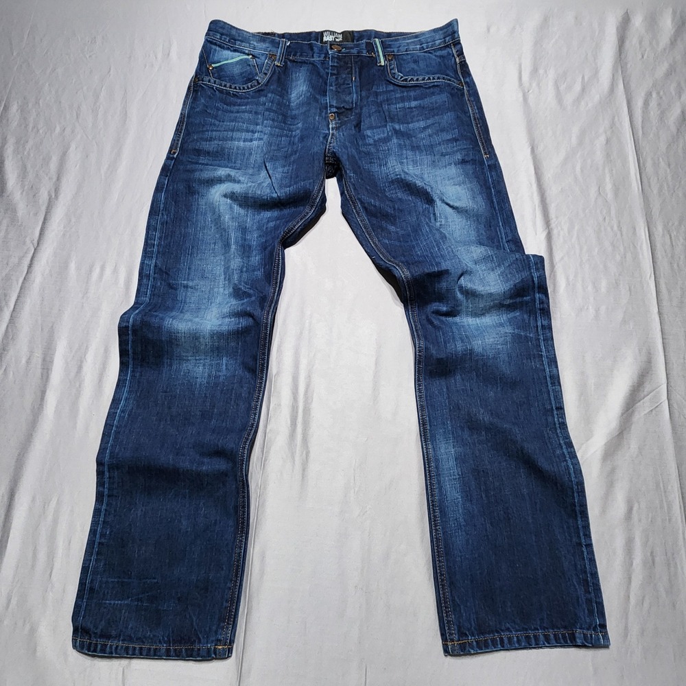William Rast Mens Straight Leg Jeans Dark Wash Selvedge Blue Denim Button Fly
